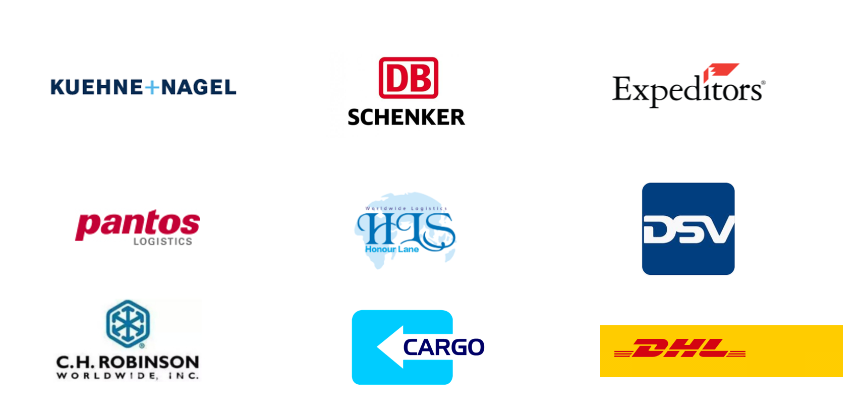 战略合作伙伴标志：KUEHNE+NAGEL、DB SCHENKER、Expeditors、DSV、DHL、C.H. Robinson 等国际物流企业