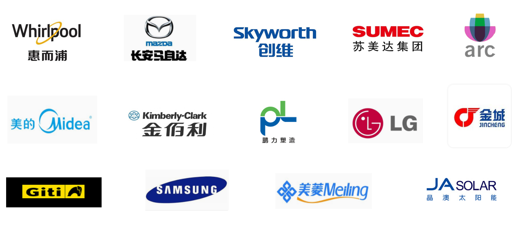 主要客户标志：美的、LG、三星、惠而浦、长安马自达、苏美达、美菱、晶澳太阳能等